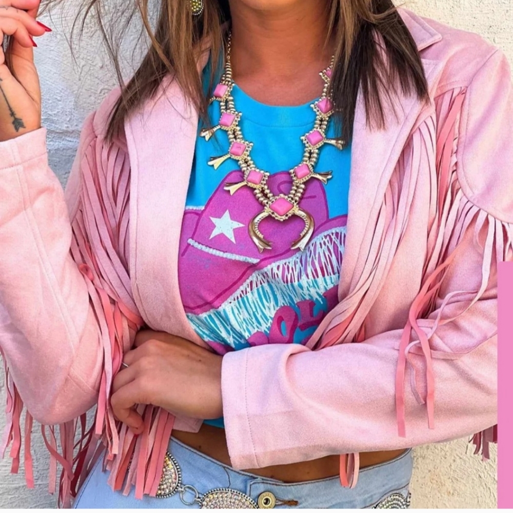 Baby pink fringe moto jacket